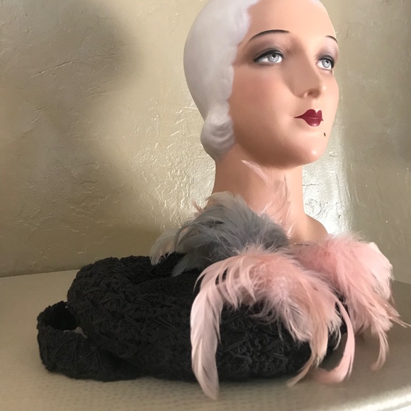 INGENIOUS 1930s\' TILT HAT MADE WITH WOVEN BLACK CORDING + PINK & BLUE FEATHERS main image 5